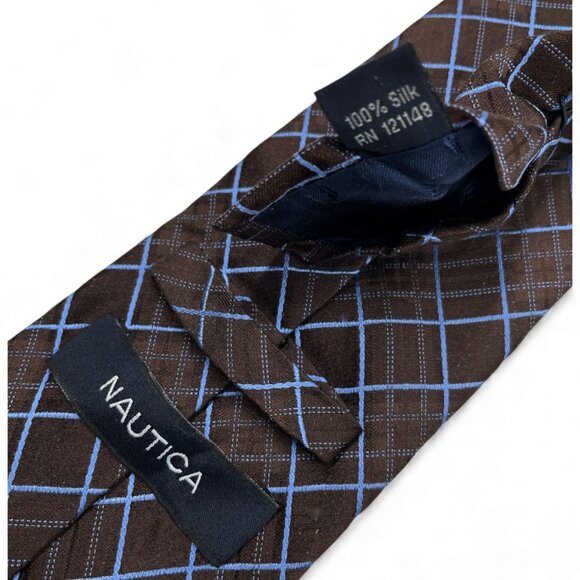 Nautica Silk Tie Brown Blue Plaid Geometric Diamonds - Picture 4 of 6
